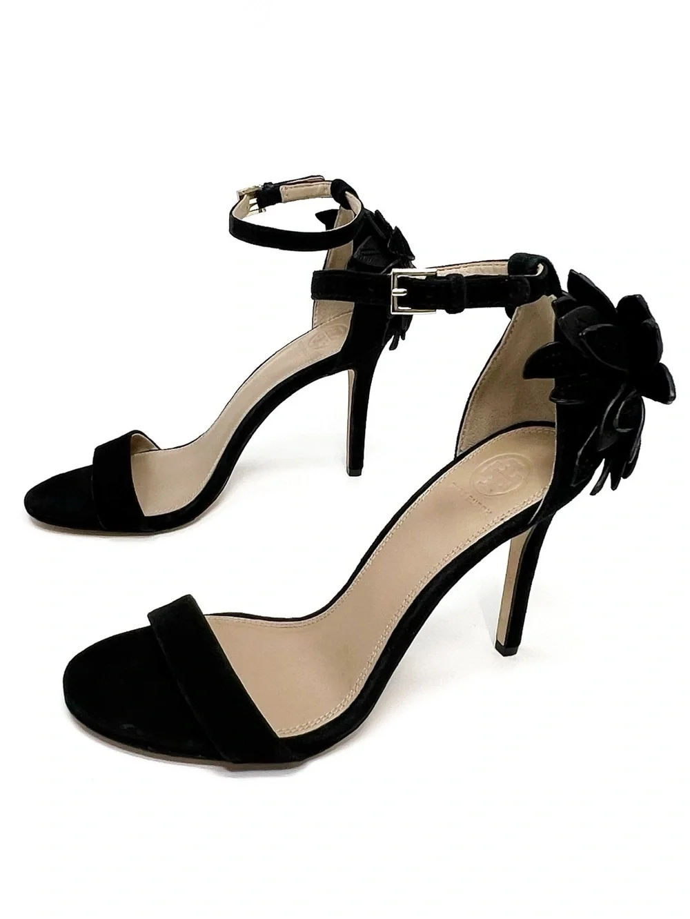 Tory Burch Jules Appliqué Floral Stilettos Size 9 Black Suede Sandals Heels EUC